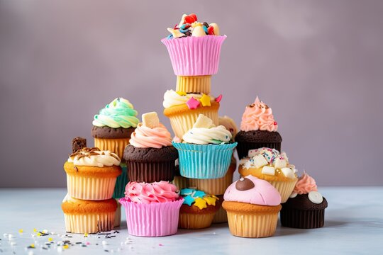 stack of cupcakes with different designs and colors, created with generative ai