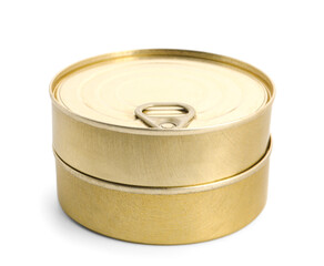 Tin cans with fish isolated on white background