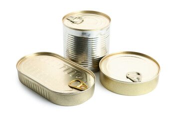 Tin cans with fish isolated on white background
