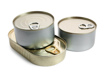 Tin cans with fish isolated on white background