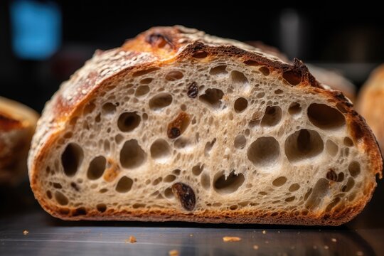 close-up of slice of sourdough bread, with large holes and crunchy crust, created with generative ai