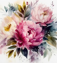 Watercolor painting chic colorful peonies illustration design for postcard decor textile