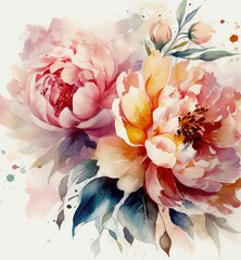 Beautiful watercolor painting of beige pink lilac apricot color peonies dream and green leaves flower illustration for postcard decor textile