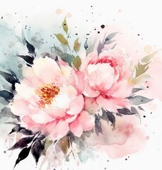 Romantic watercolor painting pink peonies and green dark blue leaves flower illustration for decor postcard textile