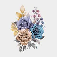 Bouquet of classic blue lilac golden beige roses illustration for greeting cards wedding invitations romantic occasions