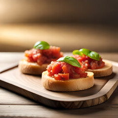 Fototapeta na wymiar Photo ai photo illustration of a delicious bruschetta on a wooden board in a rustic kitchen with natural