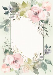 Beautiful frame with watercolor pink flowers and green leaves with place for text design for greeting cards wedding invitations romantic events web banner birthday