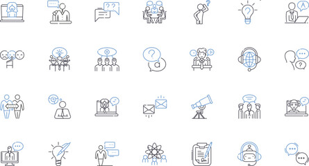 Probing and elucidations line icons collection. Exploration, Analysis, Scrutiny, Investigation, Interpretation, Examination, Research vector and linear illustration. Inquiry,Disclosure,Revelation