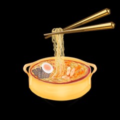 Ramyeon (Korean instant noodles) in a pot with rice cakes, boiled eggs, meat, and vegetables.