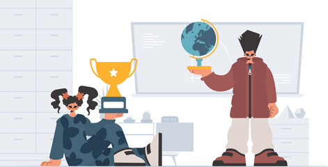 Person and energized lady school understudies, analyzing to start with school subjects. Trendy style, Vector Illustration
