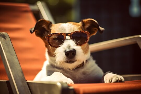 Terrier dog with sunglasses sunbathing on a sun lounger Ai iamge