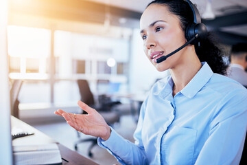 Call center, help desk and listening with woman in office for customer service, technical support...