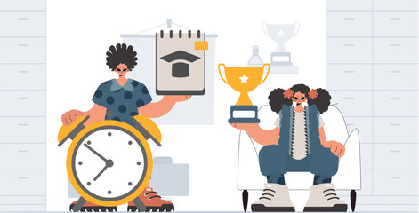 Person and energized lady school understudies, analyzing to start with school subjects. Trendy style, Vector Illustration