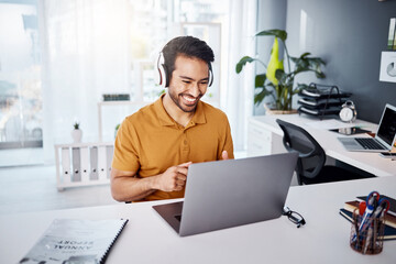Business man, laptop and headphones to listen to music, audio or webinar. Asian male entrepreneur at desk listening to a song or video call while online on social media with internet connection