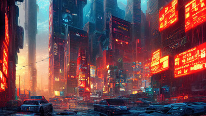 Fototapeta na wymiar Cyberpunk post apocalyptic city under snow night illumination created with Generative AI tool Midjourney