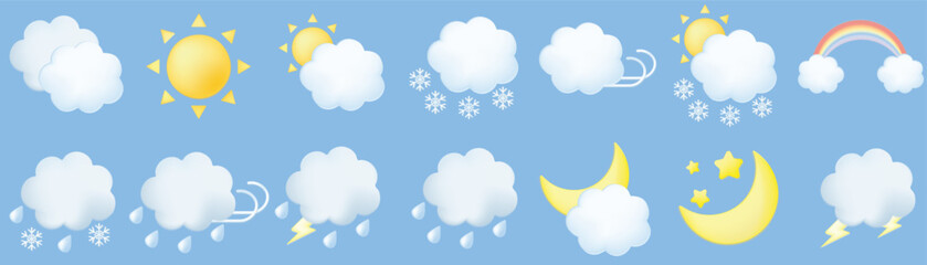 Cute pastel cartoon of weather symbols set; sun, moon, cloud, rain, thunder, snow, rainbow, wind, star . 3D vector illustration isolated on blue background.