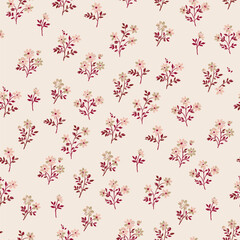 Floral pattern. Beautiful flowers on a light beige background. Print with small pink and beige flowers and burgundy stems and leaves. Seamless vector texture. Spring bouquet.