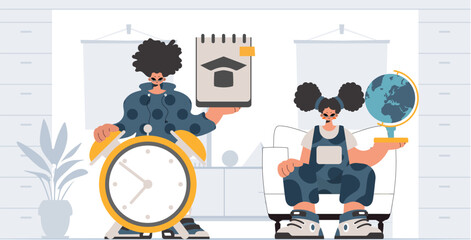 Individual and energized woman school understudies, analyzing to begin with school subjects. Trendy style, Vector Illustration