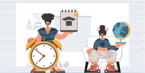 Person and energized lady school understudies, analyzing to start with school subjects. Trendy style, Vector Illustration