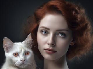 Beautiful caucasian woman and cat, portrait, illustration, generative ai.