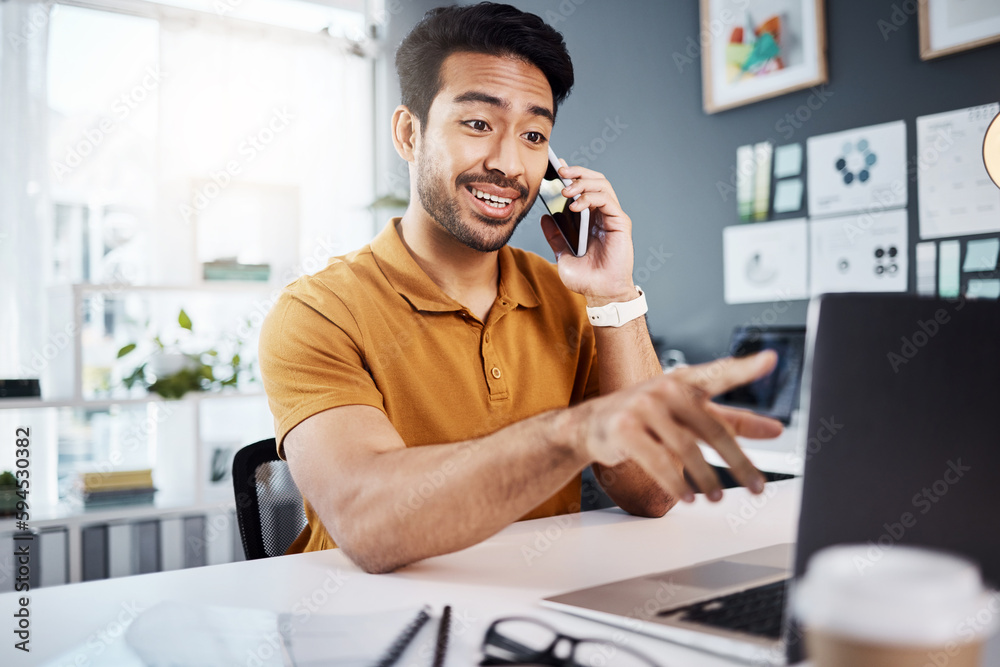 Poster phone call, happy and communication with a business man chatting while working at his desk in the of