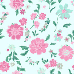 Seamless floral pattern with pale pink peonies on a light turquoise background, made by hand.