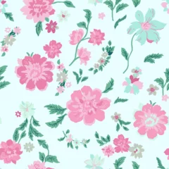 Fototapeten Seamless floral pattern with pale pink peonies on a light turquoise background, made by hand. © Maxim