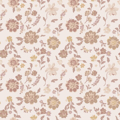 Vintage seamless pattern with floral pattern. Beige flowers, leaves and branches on a light beige background. Vector illustration of art. Design for textiles, paper.