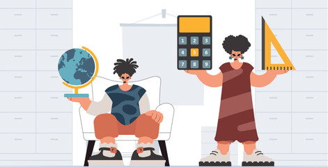 Individual and energized woman school understudies, analyzing to begin with school subjects. Trendy style, Vector Illustration