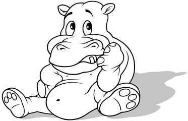 Drawing of a Hippo Sitting on the Ground with a Grumpy Expression
