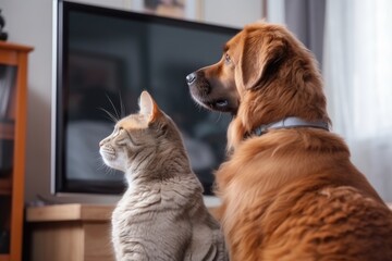 a cat and dog duo sitting in front of a tv screen, watching the latest episode of their favorite series, created with generative ai