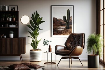 modern room with sleek design and bold accent of brown leather chair, created with generative ai