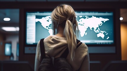 Girl looking at an information screen. Generative AI