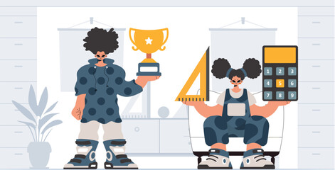 Person and energized lady school instrument, considering preeminent school subjects. Trendy style, Vector Illustration