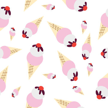 seamless pattern with ice cream of pink and cherry repeat pattern, replete image design for fabric printing design 