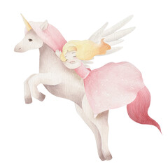 Watercolor flying pegasus and cute princess. Flying unicorn with princess isolated.