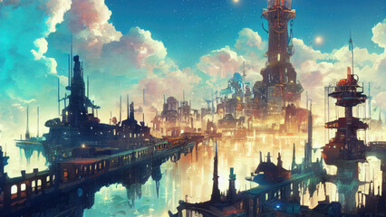 Fototapeta na wymiar Fantasy Steampunk industrial city created with Generative AI tool Midjourney