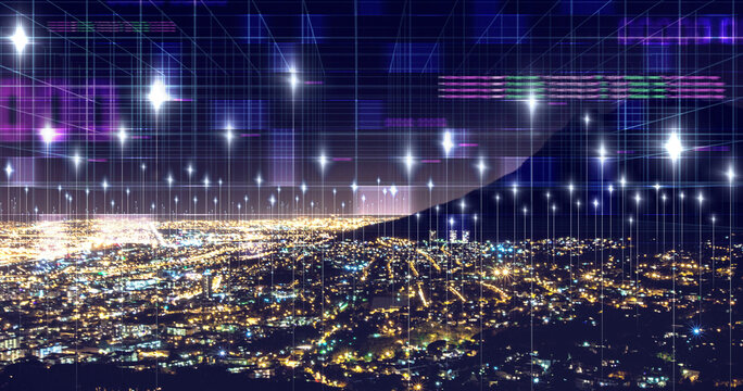 Data, network and digital with city at night for connection, cyber and cloud computing. Technology abstract, communication and futuristic with skyline of urban town for internet, media and light
