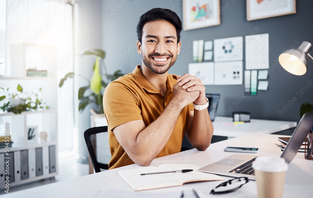 Poster confidence, success and portrait of a businessman in the office while working on project with laptop