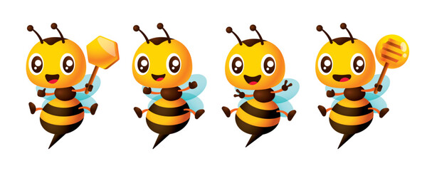 Cartoon cute bee with different poses mascot set holding honeycomb, honey dipper and victory sign gesture vector illustration colleection