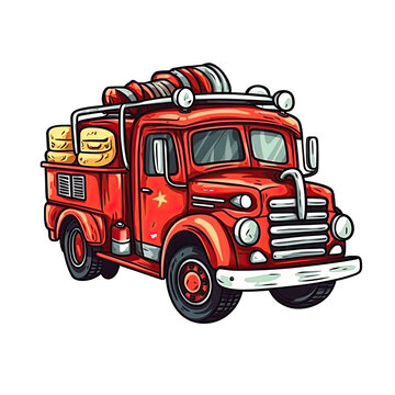Fire Engine In Cartoon Style Stiker On White Background On Isolated Transparent Background, Png, Logo. Generative AI