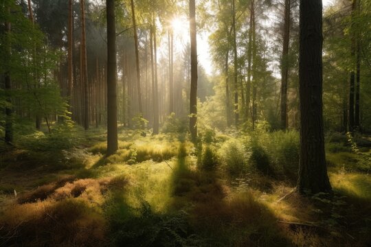 forest in a sunlit clearing surrounded by trees, created with generative ai