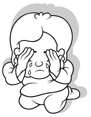 A Drawing of a Kneeling Boy Crying