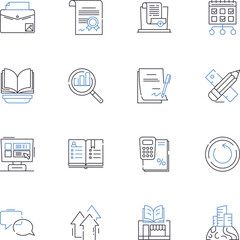 Office materials line icons collection. Statiry, Folders, Pens, Pencils, Erasers, Highlighters, Notepads vector and linear illustration. Sticky notes,Desk organizers,Scissors outline signs set