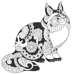 Cute maine coon cat design. Animal coloring page with mandala and zentangle ornaments.
