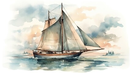 Fototapeta na wymiar Sailing boat, hand painted watercolor with Generative AI