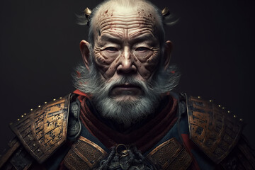 portrait of elderly samurai warrior in traditional Japanese armor. Generative AI illustration