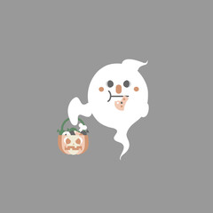 happy halloween holiday festival with ghost and pumpkin, cookie, candy, flat vector illustration cartoon character design
