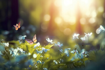 background with butterflies and meadow flowers. spring landscape flowerfield with daisies and grass. bokeh. sunny day. ai