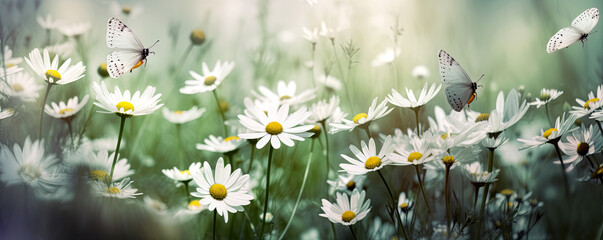 background with butterflies and meadow flowers. spring landscape flowerfield with daisies and grass. bokeh. sunny day. ai
